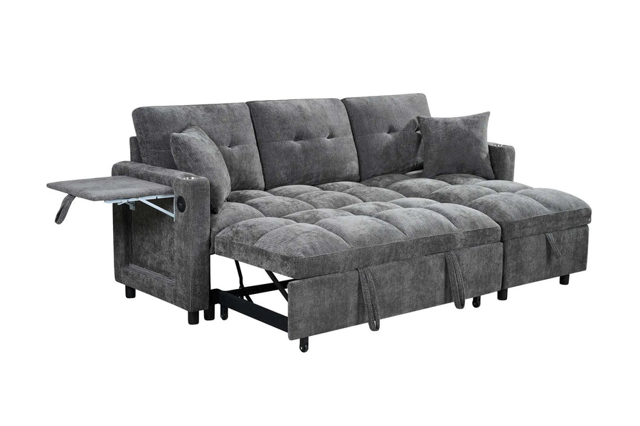 81.8" L-Shaped Sleeper Sofa with Pull Out Bed, Convertible Sectional Couch with Storage Chaise, USB/Type-C Charging and Cup Holders, Plush Chenille Modular Sofa for Living Room, Blue