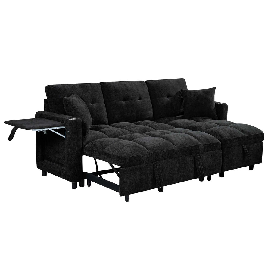 81.8" L-Shaped Sleeper Sofa with Pull Out Bed, Convertible Sectional Couch with Storage Chaise, USB/Type-C Charging and Cup Holders, Plush Chenille Modular Sofa for Living Room, Blue