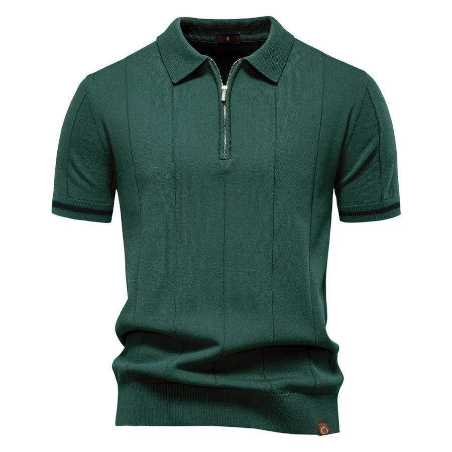 New Men's Business Casual Short-Sleeved Fashion Trend Knitted Polo Shirt with Lapel and Half-Zip Pullover Design.