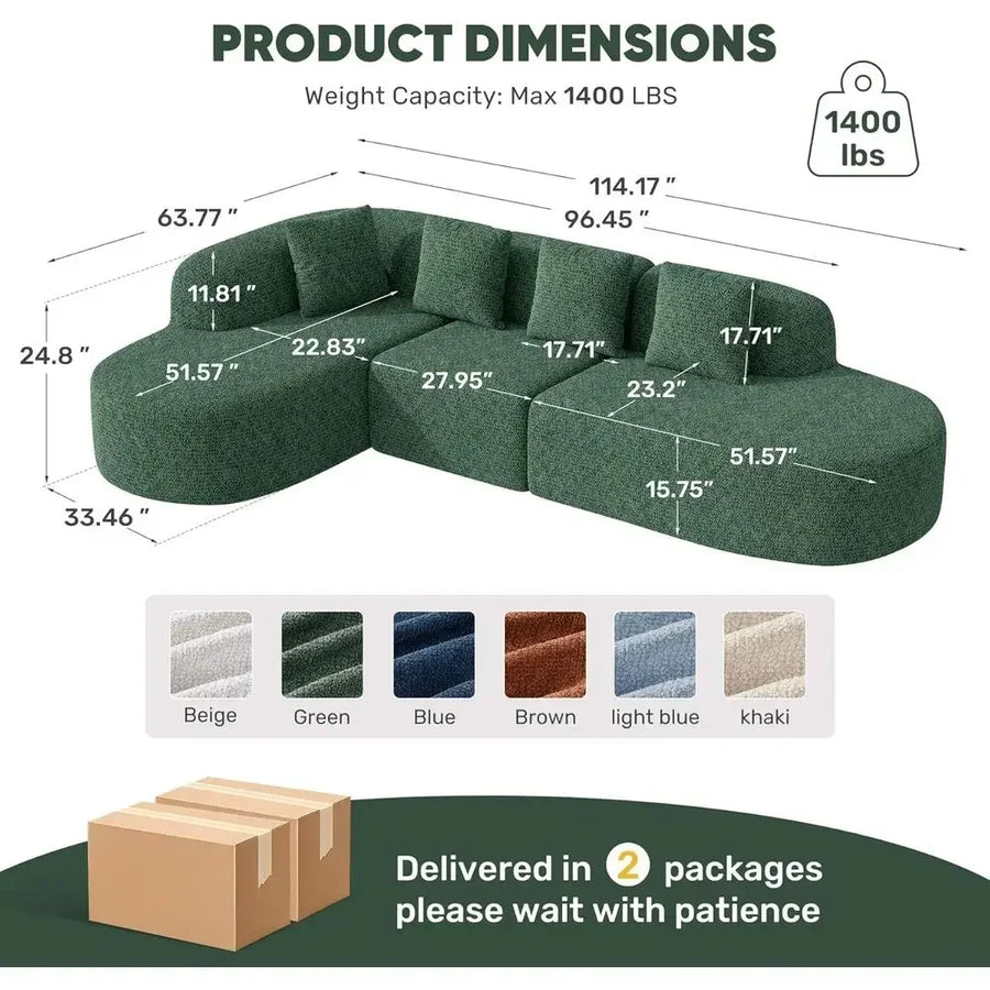Green Oversized L-Shaped Sectional Sofa with Deep Seat and Chaise for Living Room or Bedroom, Ready to Use
