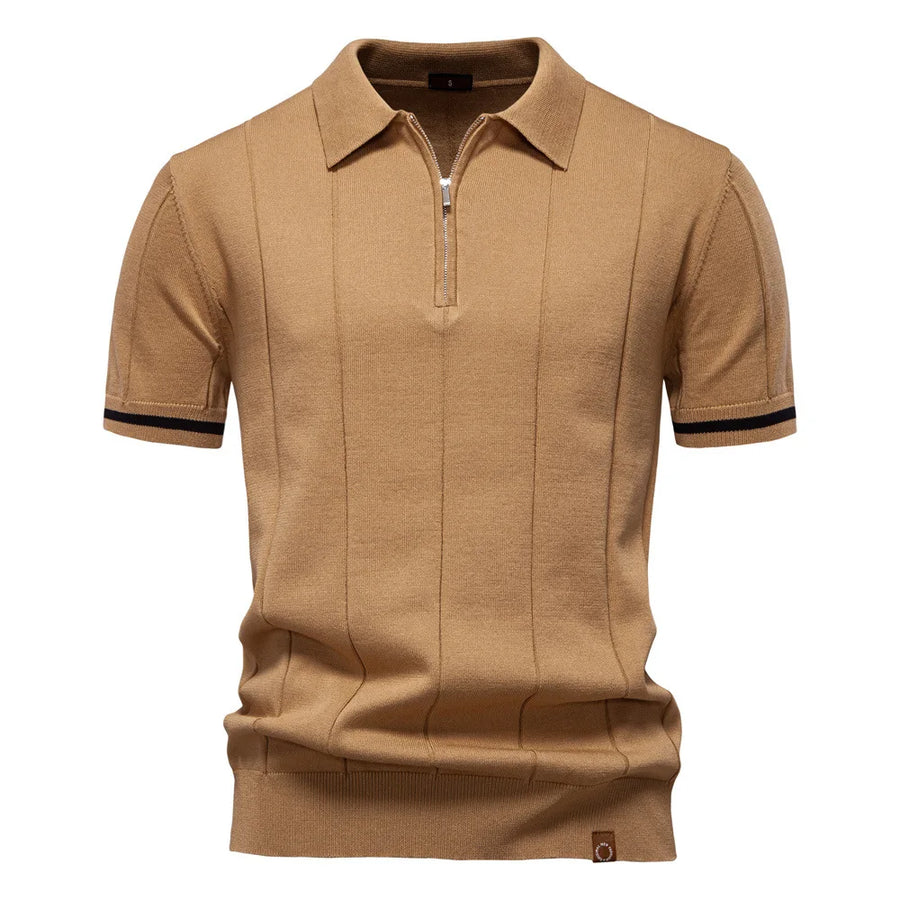New Men's Business Casual Short-Sleeved Fashion Trend Knitted Polo Shirt with Lapel and Half-Zip Pullover Design.