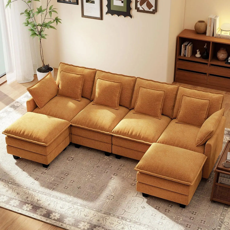 107" Modular Sectional Cloud Sofa, U Shaped 6 Seat Chenille Couch with Movable Ottoman and 48" Deep Seat,, Customized