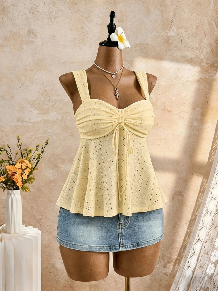 Women Sweetheart Neck Drawstring Ruched Peplum Cami Top Polka Dot Print Sleeveless Casual Camisole Outfit