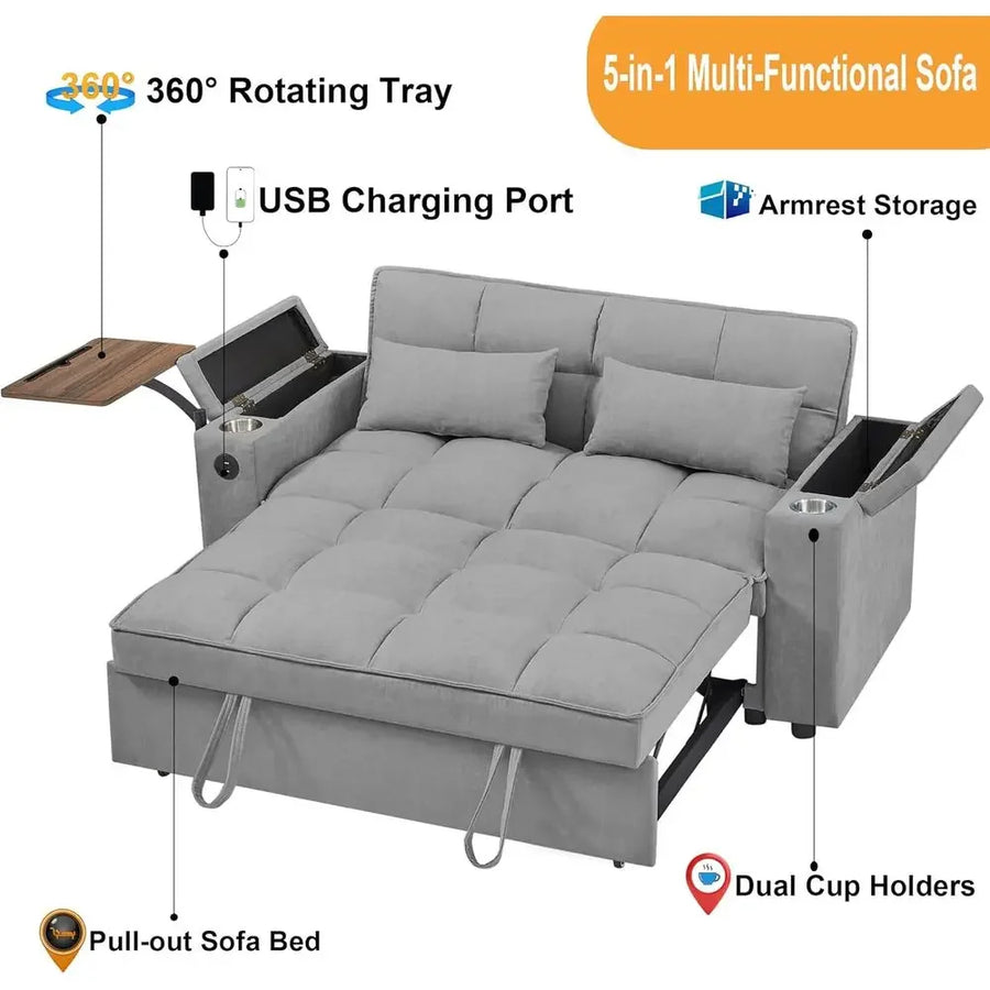 65 Convertible Sofa Bed with Pull-Out Couch, 360° Swivel Side Table, Chenille Fabric, Space-Saving Living Room Furniture, Easy A