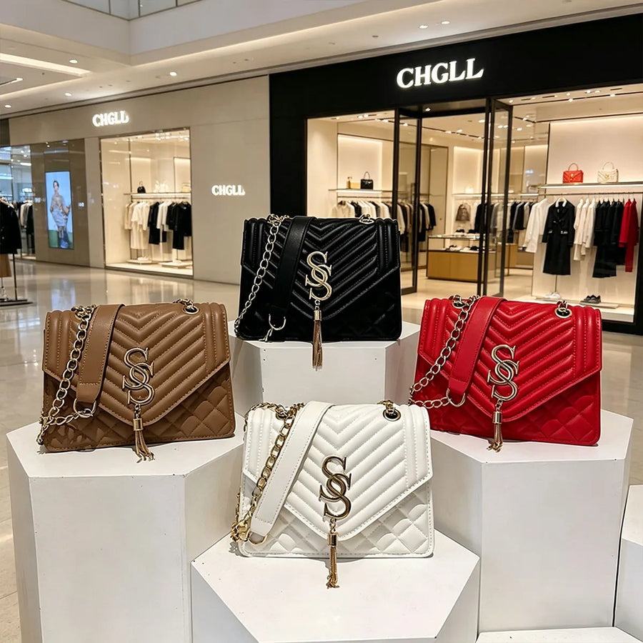 Elegant and Fashionable Argyle Quilted Chain Small Square Bag Metal Letter Tassel Diagonal Cross Bag Commuter Shoulder Bag