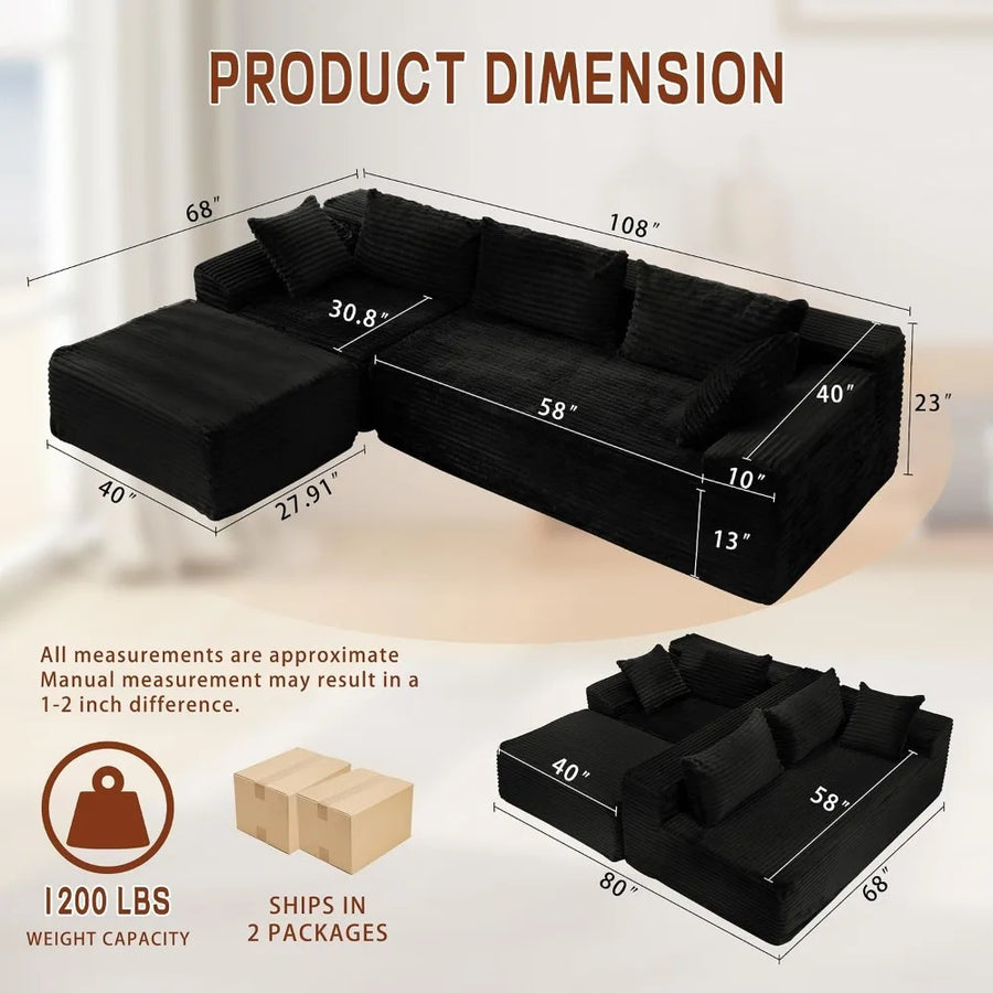 108" L-Shaped Boneless Corduroy Modular Sofa, Fluffy Sectional with Deep Seat & Side Chaise, Custom