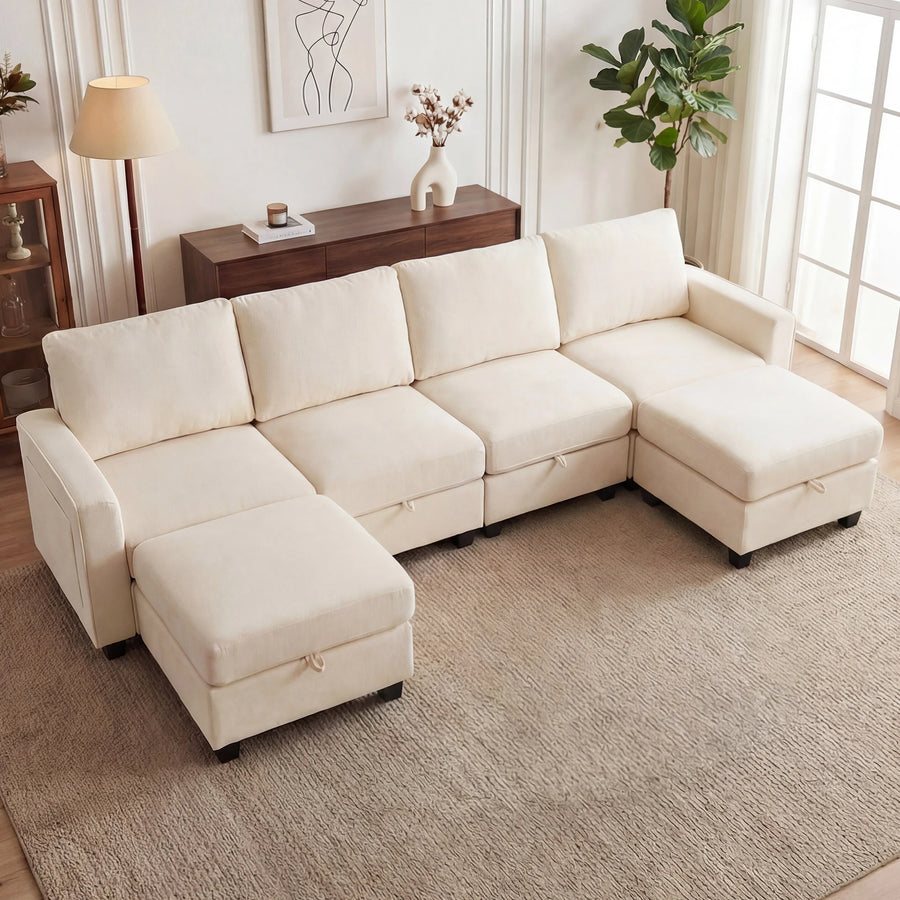 Redlife Modular Sectional Sofa Set with 2 Ottomans, U Shaped Convertible Couch with Storage, 4 Seat Convertible Sectional Couches for Large Living Room, Cloud-Like Comfort