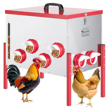 Automatic Chicken Feeder 130LBS Large Capacity 12 Anti-Waste Ports Metal Poultry Feeder with Height Adjustable Stand Waterproof Rodent Proof Feed Box with Lid Viewing Window for Hens Ducks Geese