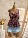 Women Sweetheart Neck Drawstring Ruched Peplum Cami Top Polka Dot Print Sleeveless Casual Camisole Outfit