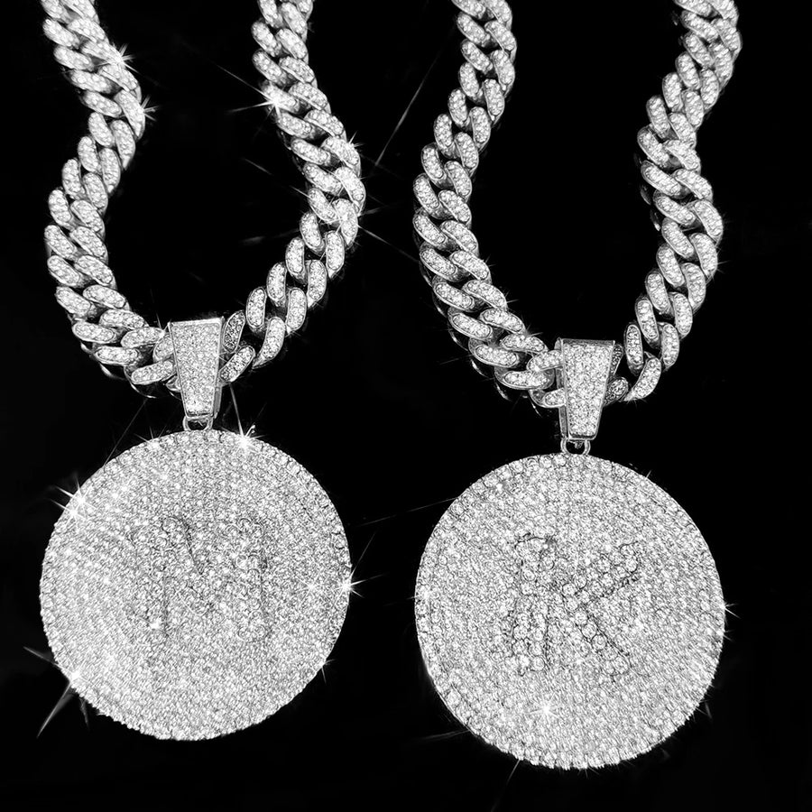 New Bling A-Z Letters Pendant Necklace for Men Women Crystal Miami Cuban Link Chain Round Initials Necklace Fashion Jewelry