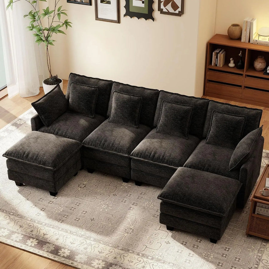 107" Modular Sectional Cloud Sofa, U Shaped 6 Seat Chenille Couch with Movable Ottoman and 48" Deep Seat,, Customized