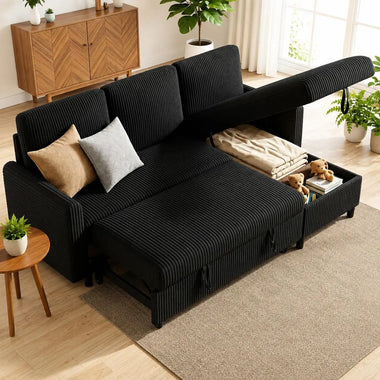 77" Pull Out Sleeper Sofa Bed with Storage Chaise, L-Shaped Corduroy Sectional Couch, 3-Seater Convertible Sofa Bed for, Custom