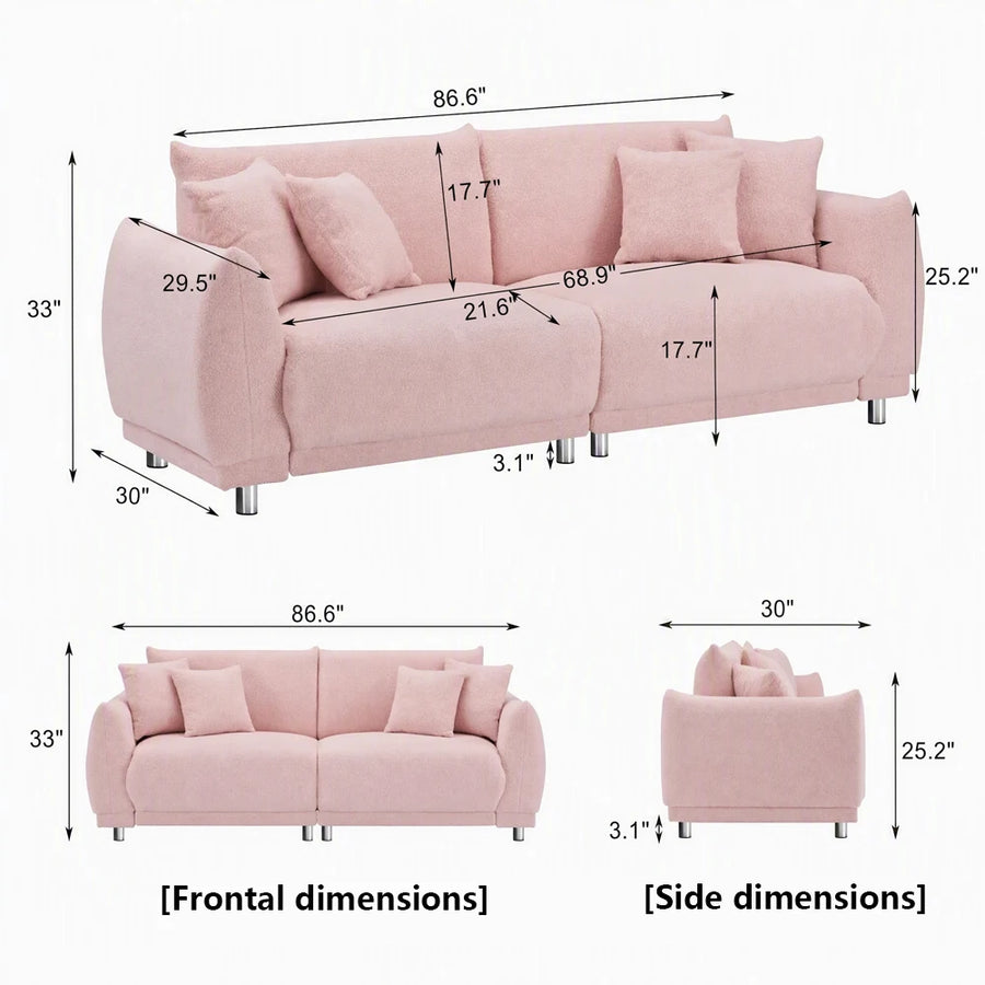 Canapé en polaire Teddy de 86,6 pouces avec quatre coussins, pieds en métal, s'intègre confortablement dans une chambre d'appartement sans prendre de place.