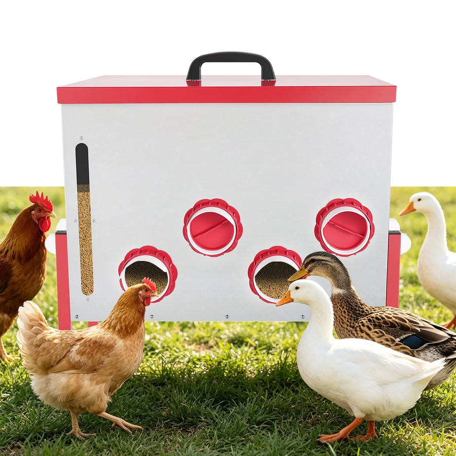 Automatic Chicken Feeder 130LBS Large Capacity 12 Anti-Waste Ports Metal Poultry Feeder with Height Adjustable Stand Waterproof Rodent Proof Feed Box with Lid Viewing Window for Hens Ducks Geese