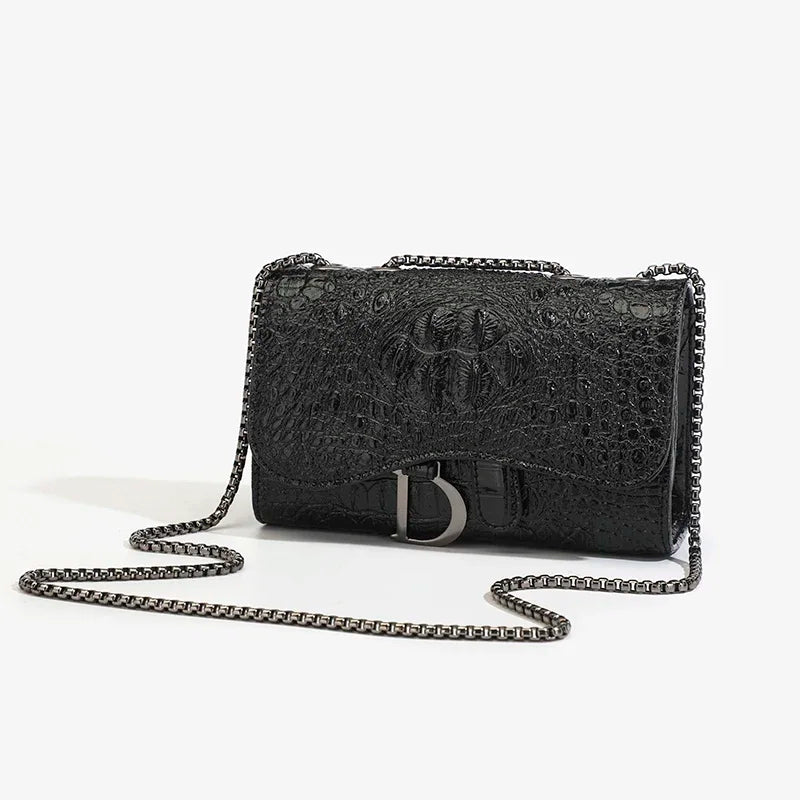 Fashion Ladies Croc Pattern Sequined Chain Crossbody Bag D‑Buckle Shoulder Messenger Handbag Women Evening Party Purse
