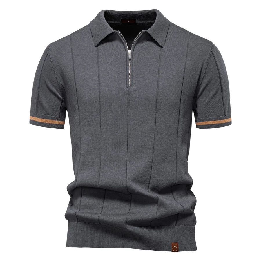 New Men's Business Casual Short-Sleeved Fashion Trend Knitted Polo Shirt with Lapel and Half-Zip Pullover Design.