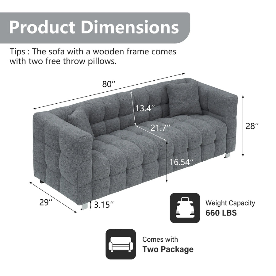 80-Inch Modern Teddy Fleece Sofa, With 2 Cushions 3-Seater  Sofa Suitable for Living Room Bedroom or Apartment Comfortable Deep-Set Leisure Furniture Wide Armrest Design Easy to Assemble