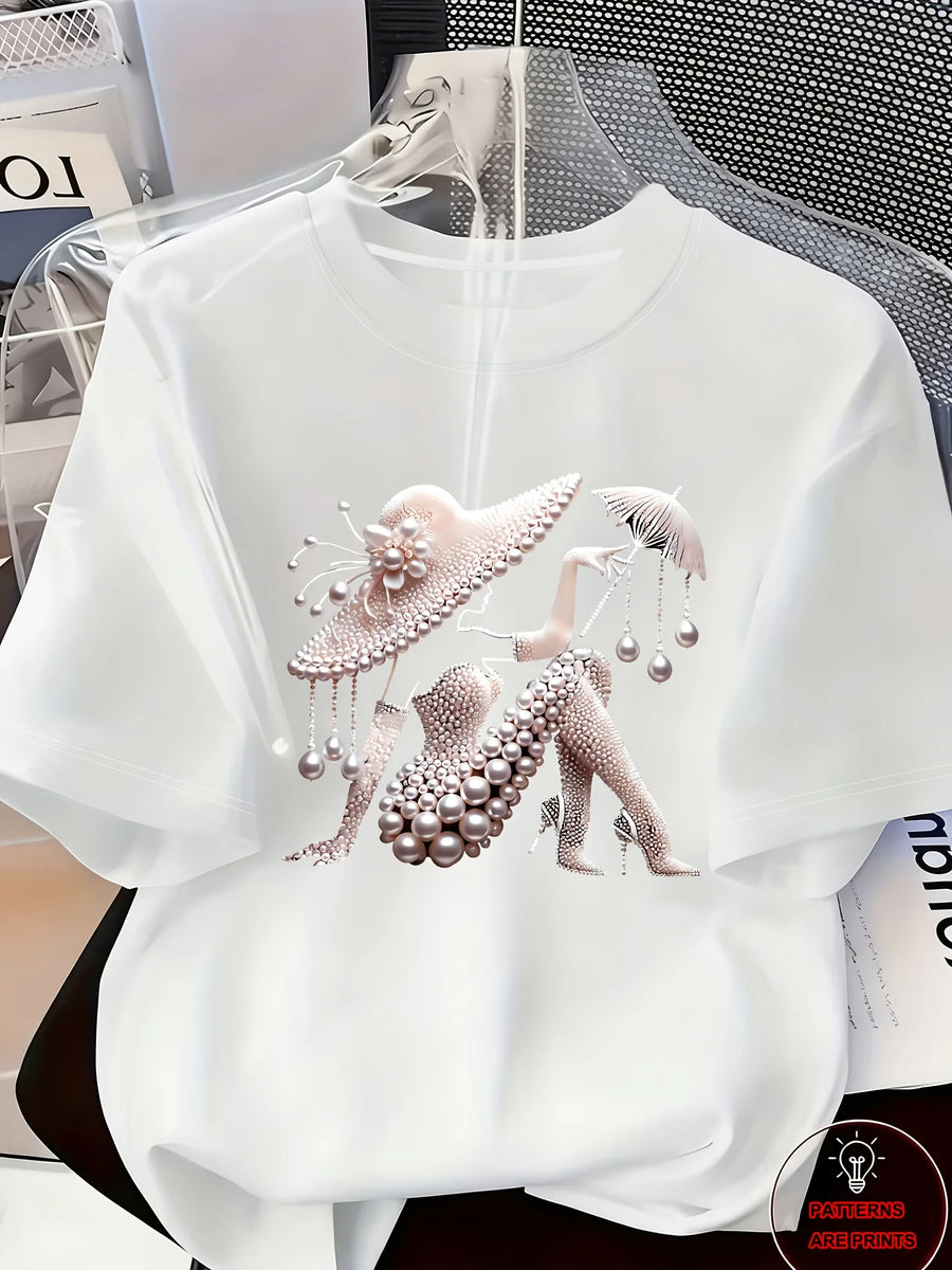 Women's Printed T-Shirt Pearl Diamond Jewelry Women's Design Casual Round Neck Short-sleeved Top Urban Style Printed T-Shirt