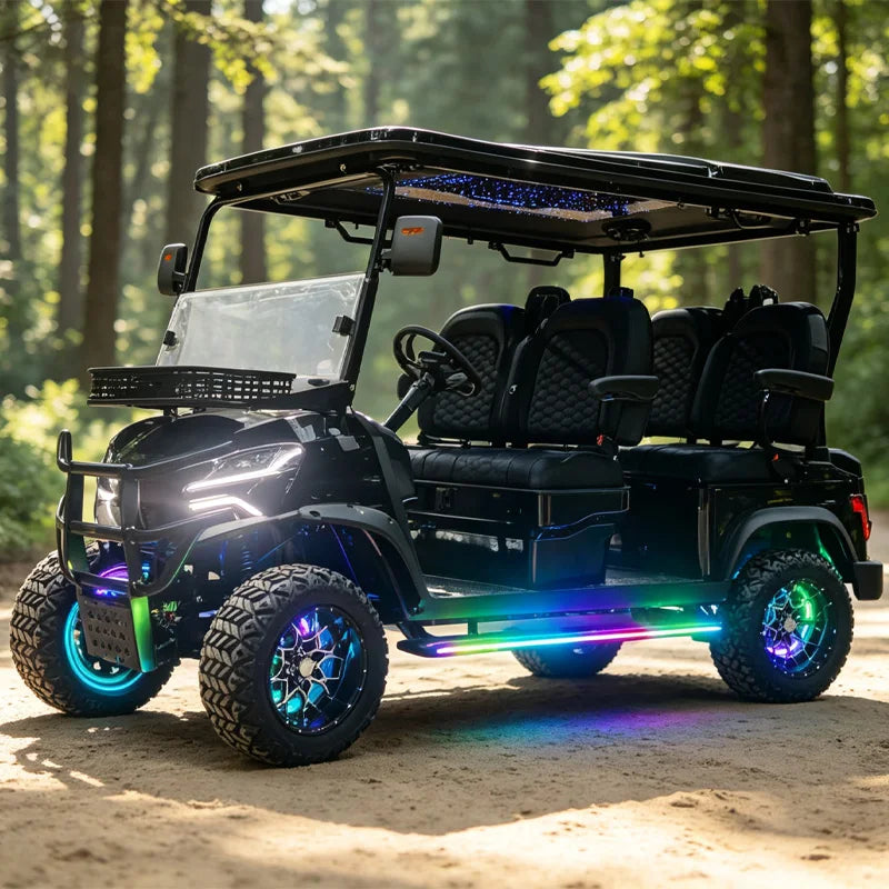 Electric Golf Cart 4 Seater with Colorful RGB LED Underglow Lights Lithium Battery Offroad Golf Buggy