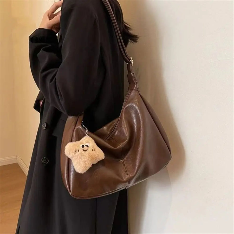 Trendy Slouchy Shoulder Bag for Women PU Leather Large Capacity Underarm Bag Retro Ladies Tote Bag