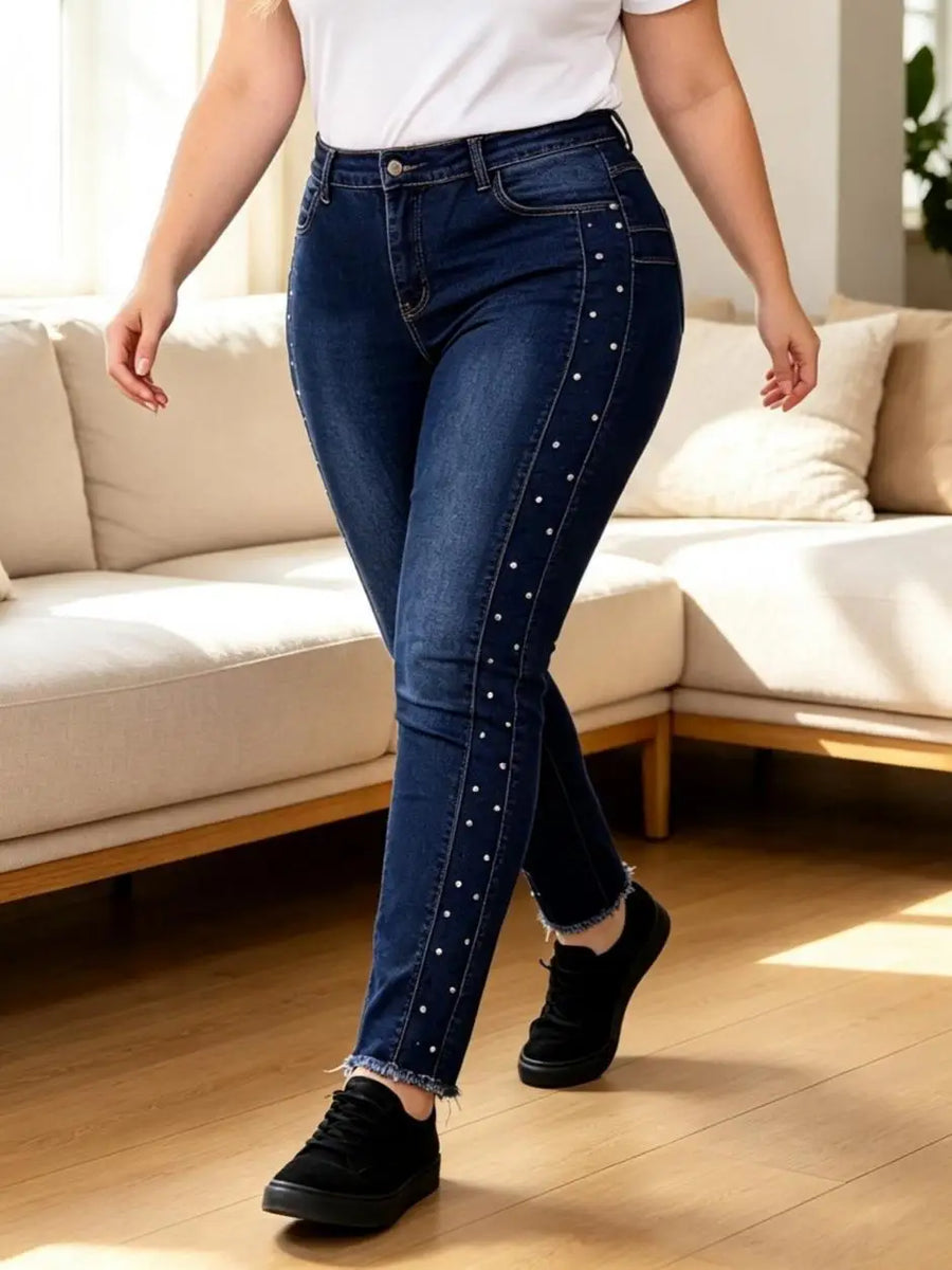 【HME】Jeans | Women High Waist Butt-Lifting Denim Pants, Skinny Ankle Denim Jeans With Side Button Details, Light Distressed Wash Stretch Fabric, Figure-Hugging Casual Pants For Date & Daily Outfits