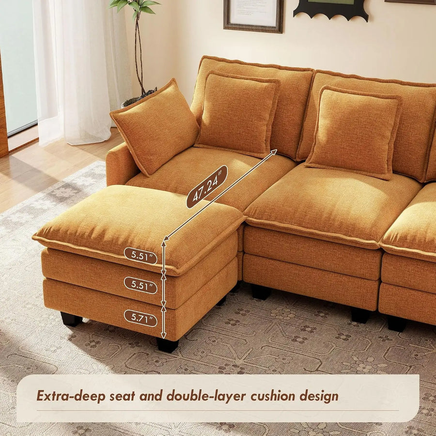 107" Modular Sectional Cloud Sofa, U Shaped 6 Seat Chenille Couch with Movable Ottoman and 48" Deep Seat,, Customized