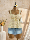 Women Sweetheart Neck Drawstring Ruched Peplum Cami Top Polka Dot Print Sleeveless Casual Camisole Outfit