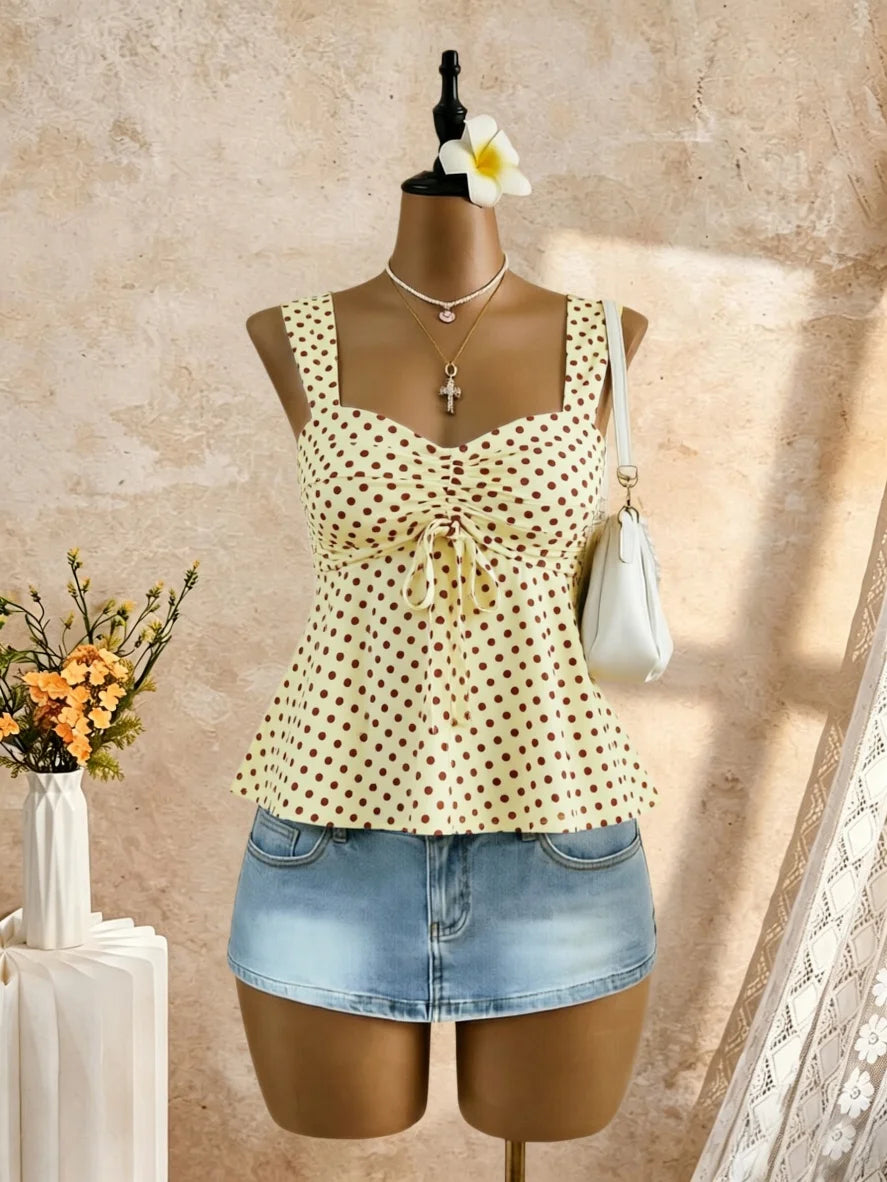 Women Sweetheart Neck Drawstring Ruched Peplum Cami Top Polka Dot Print Sleeveless Casual Camisole Outfit