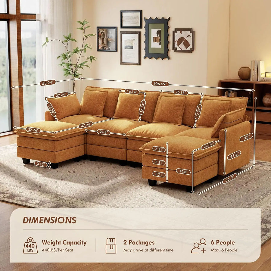 107" Modular Sectional Cloud Sofa, U Shaped 6 Seat Chenille Couch with Movable Ottoman and 48" Deep Seat,, Customized