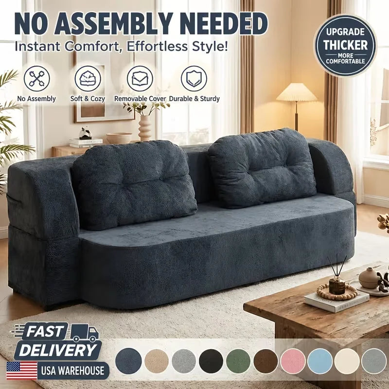 Vacuum Compressed Sofa Bed Convertible 2 in 1 Folding Couch with Soft Cushions Space Saving Floor Sofa for Living Room Bedroom Apartment Guest Room Lounge Modern Upholstered Sleeper Sofa in Blue or Green Easy Setup Comfortable Seating for Adults