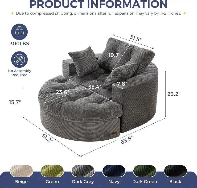 MAXYOYO Oversized Round Chaise Lounge Sofa, Upholstered Lounge Chair with 3 Pillows, Boneless Sofa Couch with Ottoman,Deep Seat