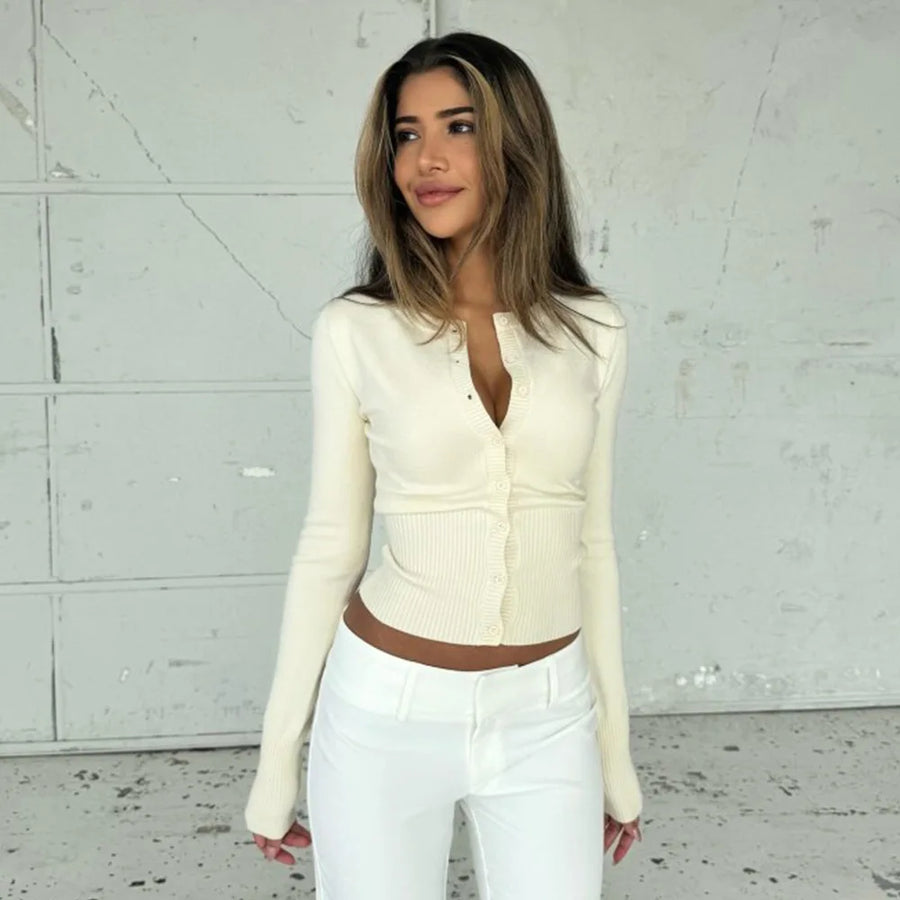 Y2K Knitted Cardigan Women European American Autumn Winter Slim Fit Long Sleeved Base Sweater