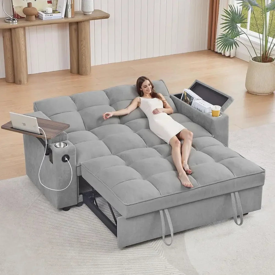 65 Convertible Sofa Bed with Pull-Out Couch, 360° Swivel Side Table, Chenille Fabric, Space-Saving Living Room Furniture, Easy A