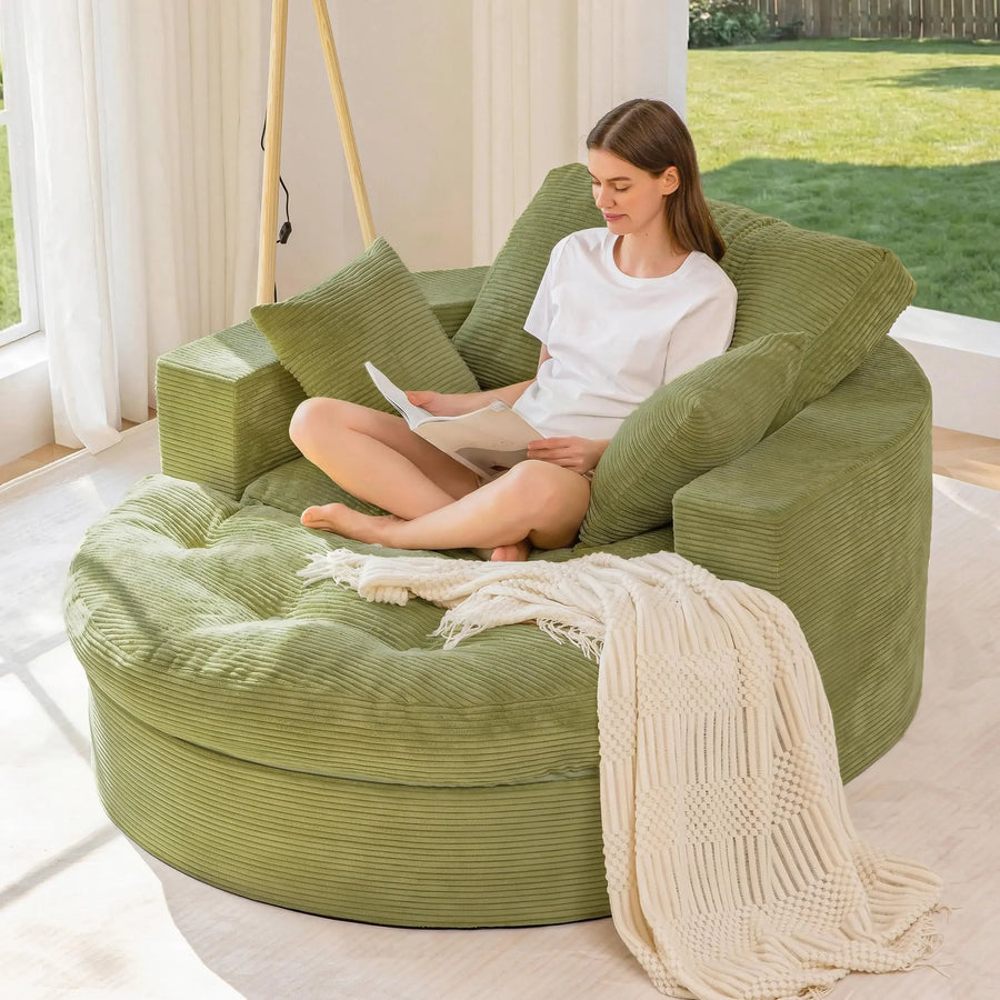 MAXYOYO Oversized Round Chaise Lounge Sofa, Upholstered Lounge Chair with 3 Pillows, Boneless Sofa Couch with Ottoman,Deep Seat