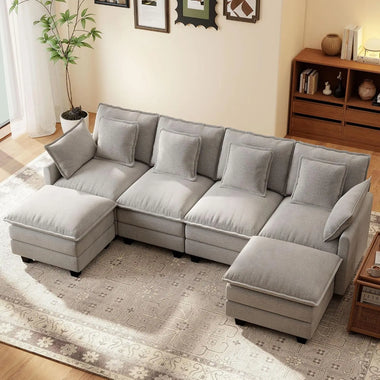 107" Modular Sectional Cloud Sofa, U Shaped 6 Seat Chenille Couch with Movable Ottoman and 48" Deep Seat,, Customized