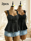 Women Sweetheart Neck Drawstring Ruched Peplum Cami Top Polka Dot Print Sleeveless Casual Camisole Outfit