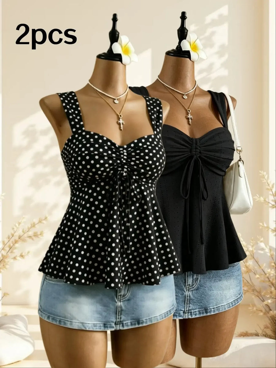 Women Sweetheart Neck Drawstring Ruched Peplum Cami Top Polka Dot Print Sleeveless Casual Camisole Outfit