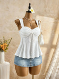 Women Sweetheart Neck Drawstring Ruched Peplum Cami Top Polka Dot Print Sleeveless Casual Camisole Outfit