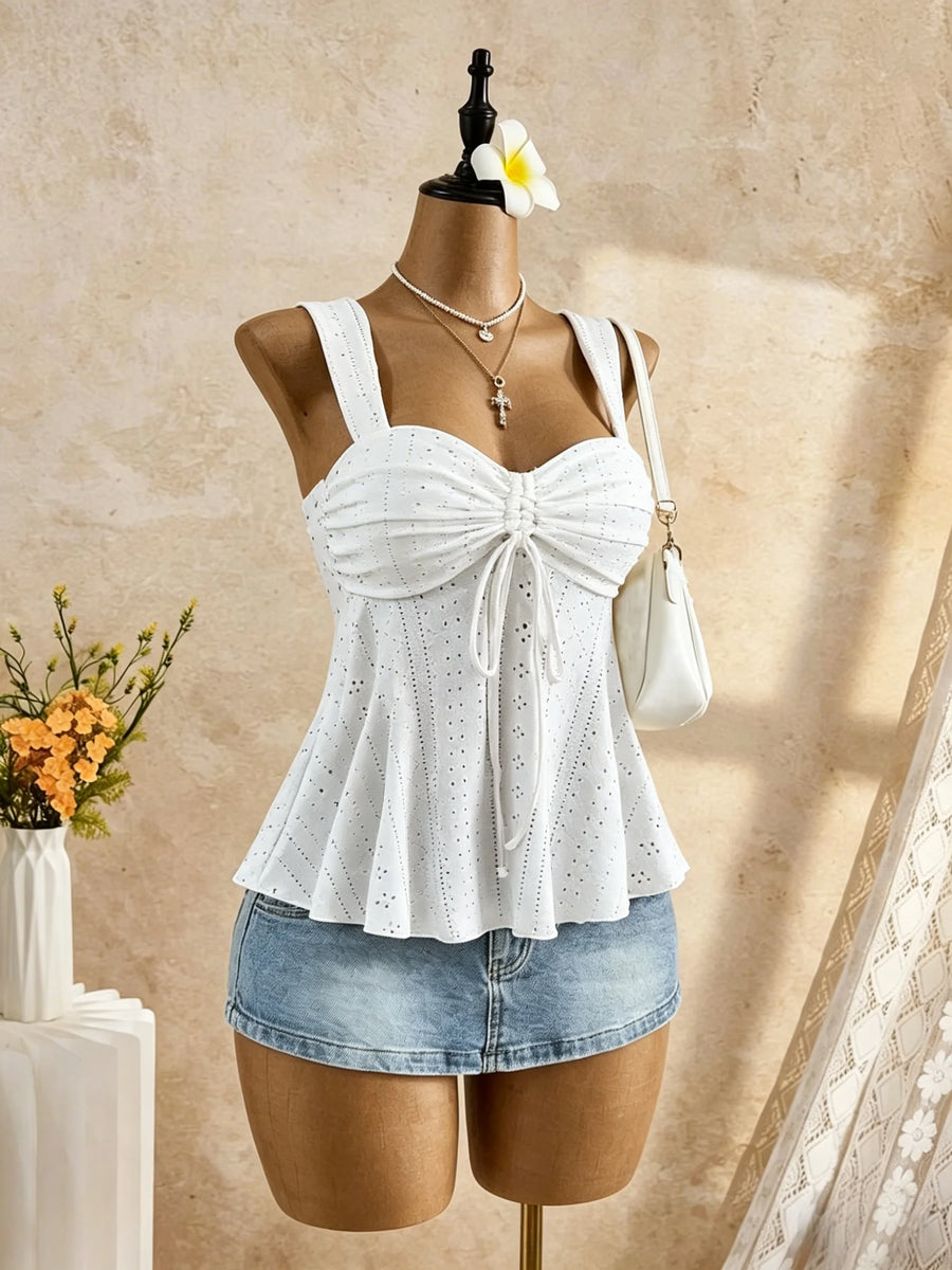 Women Sweetheart Neck Drawstring Ruched Peplum Cami Top Polka Dot Print Sleeveless Casual Camisole Outfit