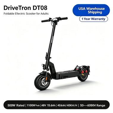 DriveTron DT08 Foldable Adult Electric Scooter 500W 1100W Peak Rear Drive Motor 48V 13Ah Lithium Battery Max 40KM/H 40-60KM Long Range 10 Inch Tubeless Tire Front & Rear Dual Spring Shock EABS Electronic Brake IPX5 Waterproof