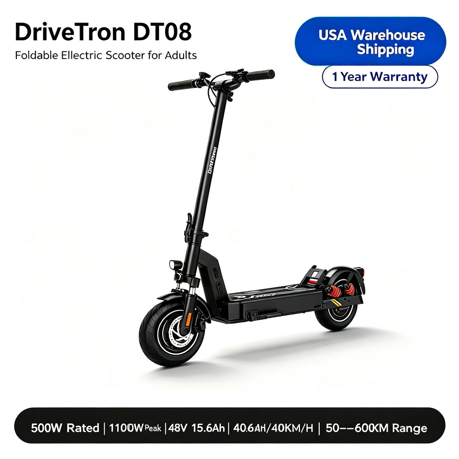 DriveTron DT08 Foldable Adult Electric Scooter 500W 1100W Peak Rear Drive Motor 48V 13Ah Lithium Battery Max 40KM/H 40-60KM Long Range 10 Inch Tubeless Tire Front & Rear Dual Spring Shock EABS Electronic Brake IPX5 Waterproof