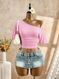 Women One Shoulder Short Sleeve Side Ruched Cropped T Shirt 2026 Summer Y2K Going Out Casual Streetwear Tops