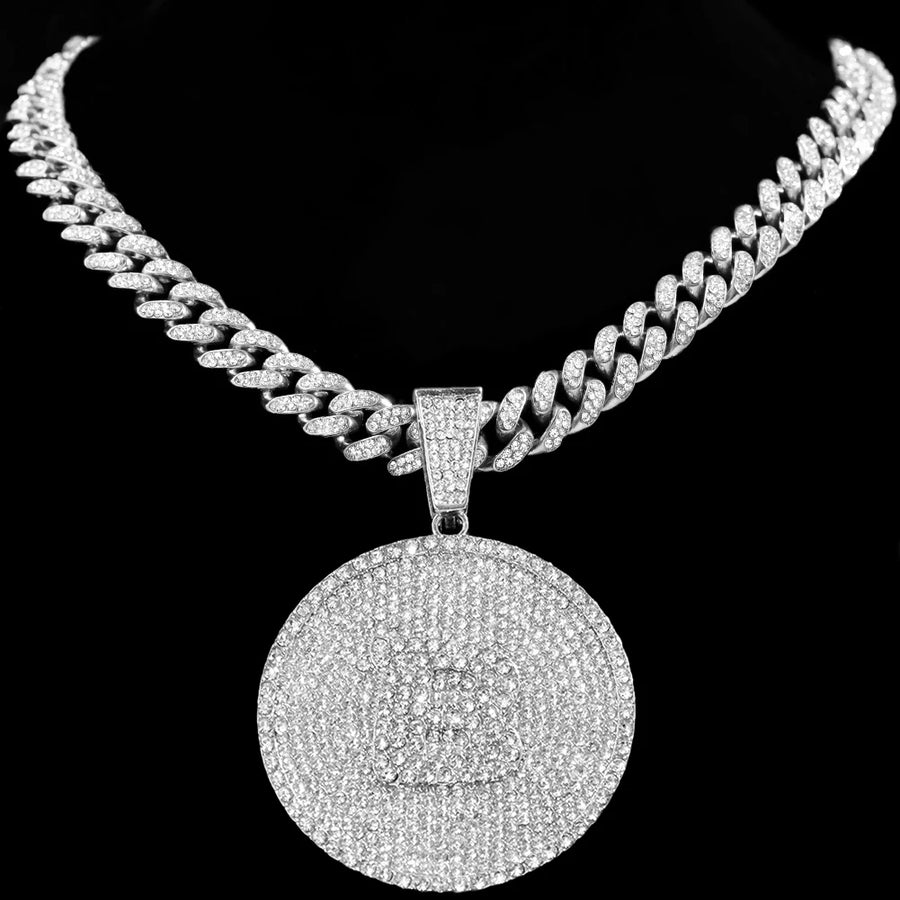New Bling A-Z Letters Pendant Necklace for Men Women Crystal Miami Cuban Link Chain Round Initials Necklace Fashion Jewelry