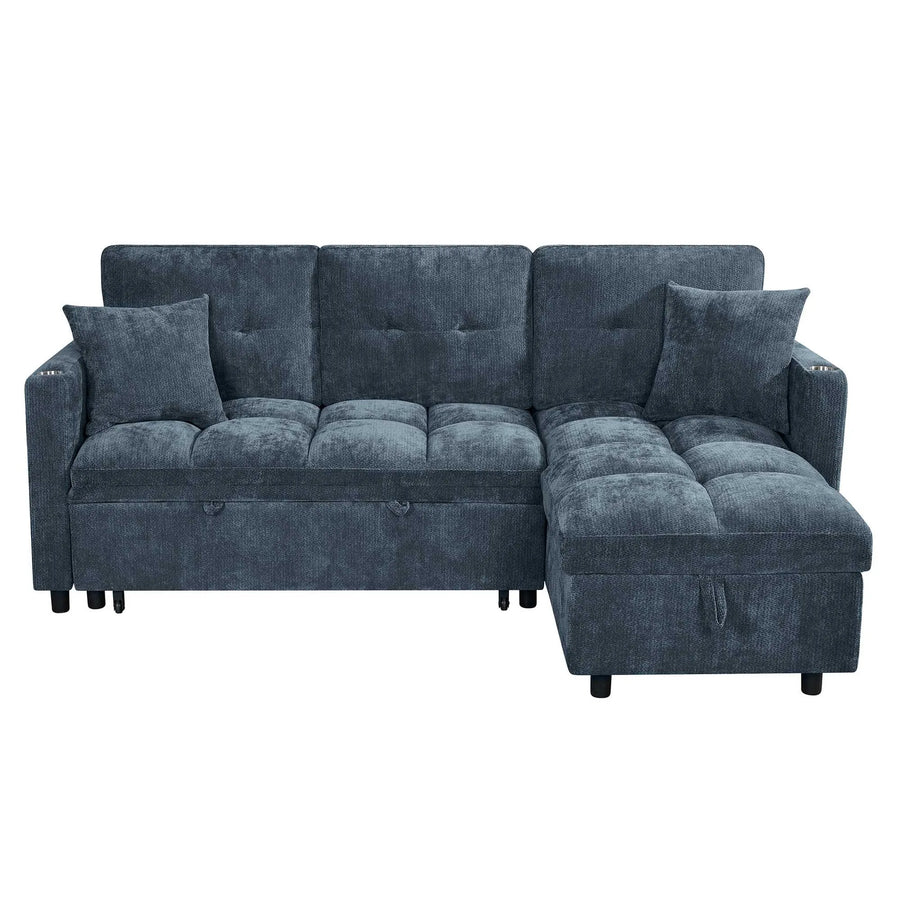 81.8" L-Shaped Sleeper Sofa with Pull Out Bed, Convertible Sectional Couch with Storage Chaise, USB/Type-C Charging and Cup Holders, Plush Chenille Modular Sofa for Living Room, Blue
