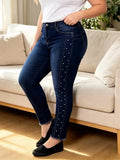 【HME】Jeans | Women High Waist Butt-Lifting Denim Pants, Skinny Ankle Denim Jeans With Side Button Details, Light Distressed Wash Stretch Fabric, Figure-Hugging Casual Pants For Date & Daily Outfits