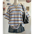 Summer New Y2K Striped 3D Print Casual Oversized Mid-Length Round Neck Drop Shoulder Women Tee Street Fashion Casual Sports Top﻿