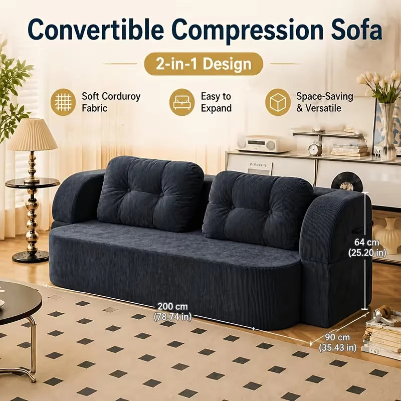 Vacuum Compressed Sofa Bed Convertible 2 in 1 Folding Couch with Soft Cushions Space Saving Floor Sofa for Living Room Bedroom Apartment Guest Room Lounge Modern Upholstered Sleeper Sofa in Blue or Green Easy Setup Comfortable Seating for Adults