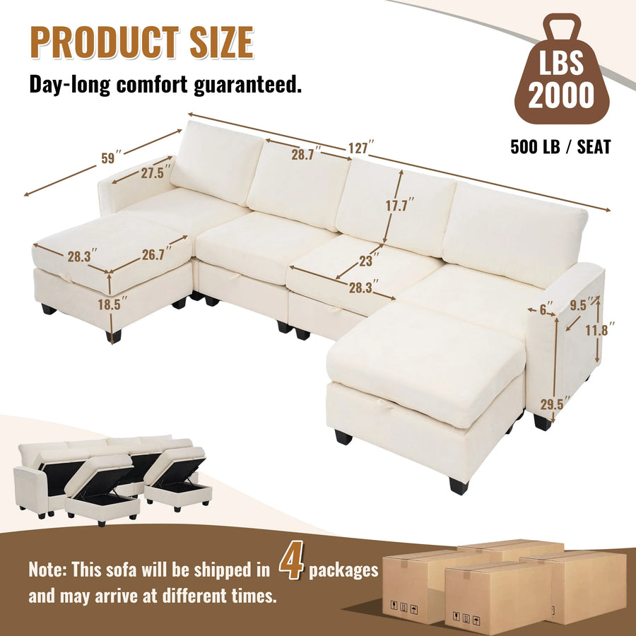 Redlife Modular Sectional Sofa Set with 2 Ottomans, U Shaped Convertible Couch with Storage, 4 Seat Convertible Sectional Couches for Large Living Room, Cloud-Like Comfort