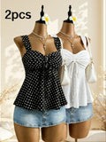 Women Sweetheart Neck Drawstring Ruched Peplum Cami Top Polka Dot Print Sleeveless Casual Camisole Outfit