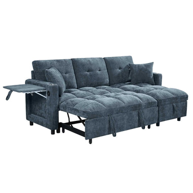81.8" L-Shaped Sleeper Sofa with Pull Out Bed, Convertible Sectional Couch with Storage Chaise, USB/Type-C Charging and Cup Holders, Plush Chenille Modular Sofa for Living Room, Blue